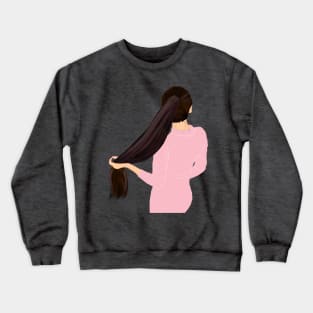 Cute Girl hiding face holding pony tail Crewneck Sweatshirt